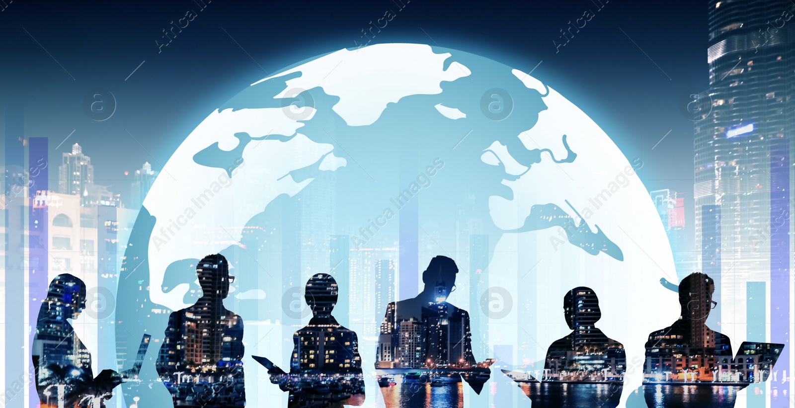 Image of Forex trading. Globe with schemes, business people and cityscape on background