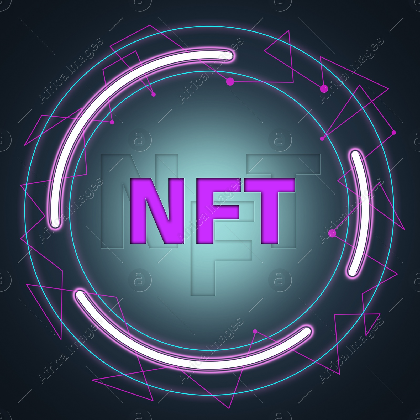 Illustration of Abbreviation NFT (non-fungible token) and circuit board pattern illustration