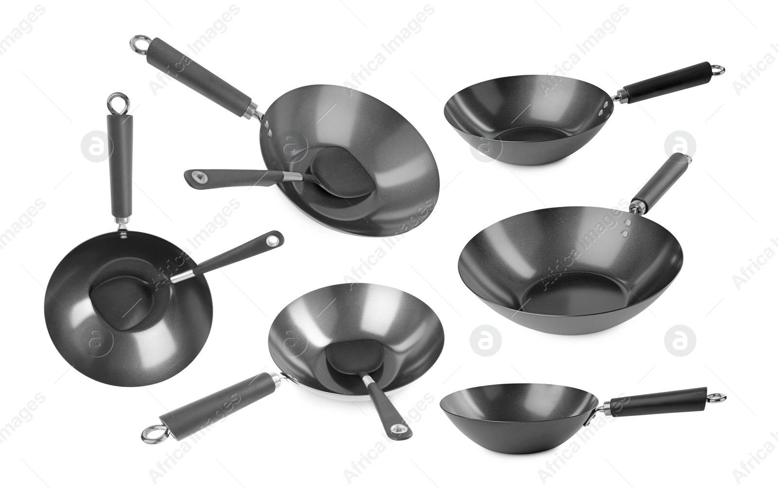 Image of Empty metal woks isolated on white, set