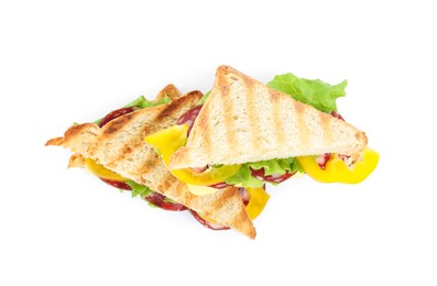 Photo of Tasty sandwiches on white background, top view