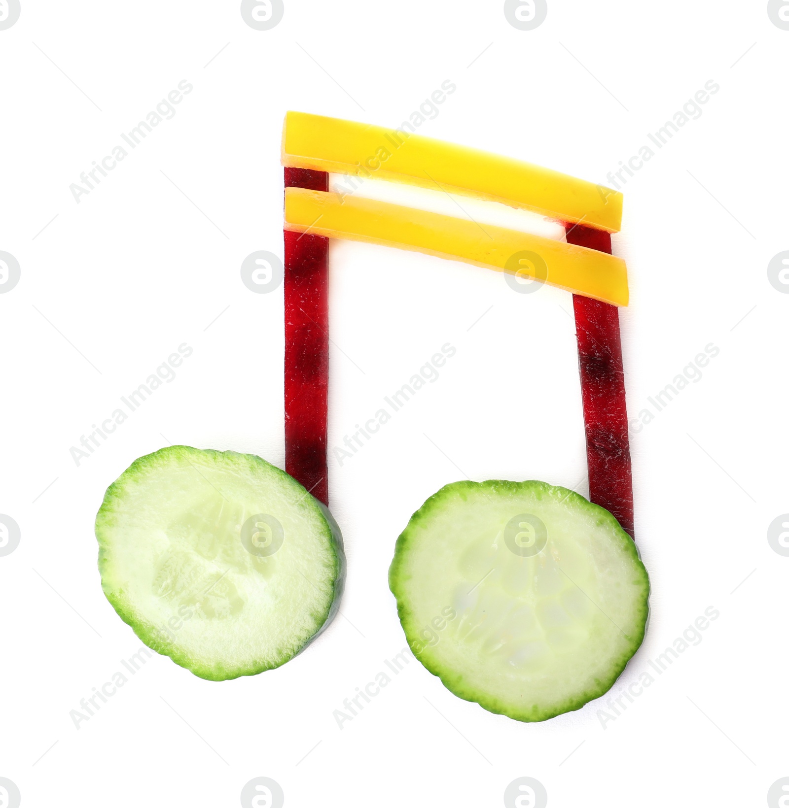 Photo of Musical note made of vegetables on white background, top view