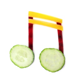 Photo of Musical note made of vegetables on white background, top view