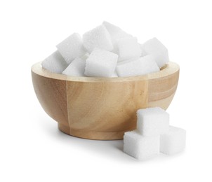 Sugar cubes in wooden bowl isolated on white