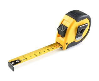 Metal measuring tape on white background. Construction tool