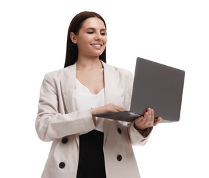 Photo of Beautiful businesswoman in suit using laptop on white background, low angle view