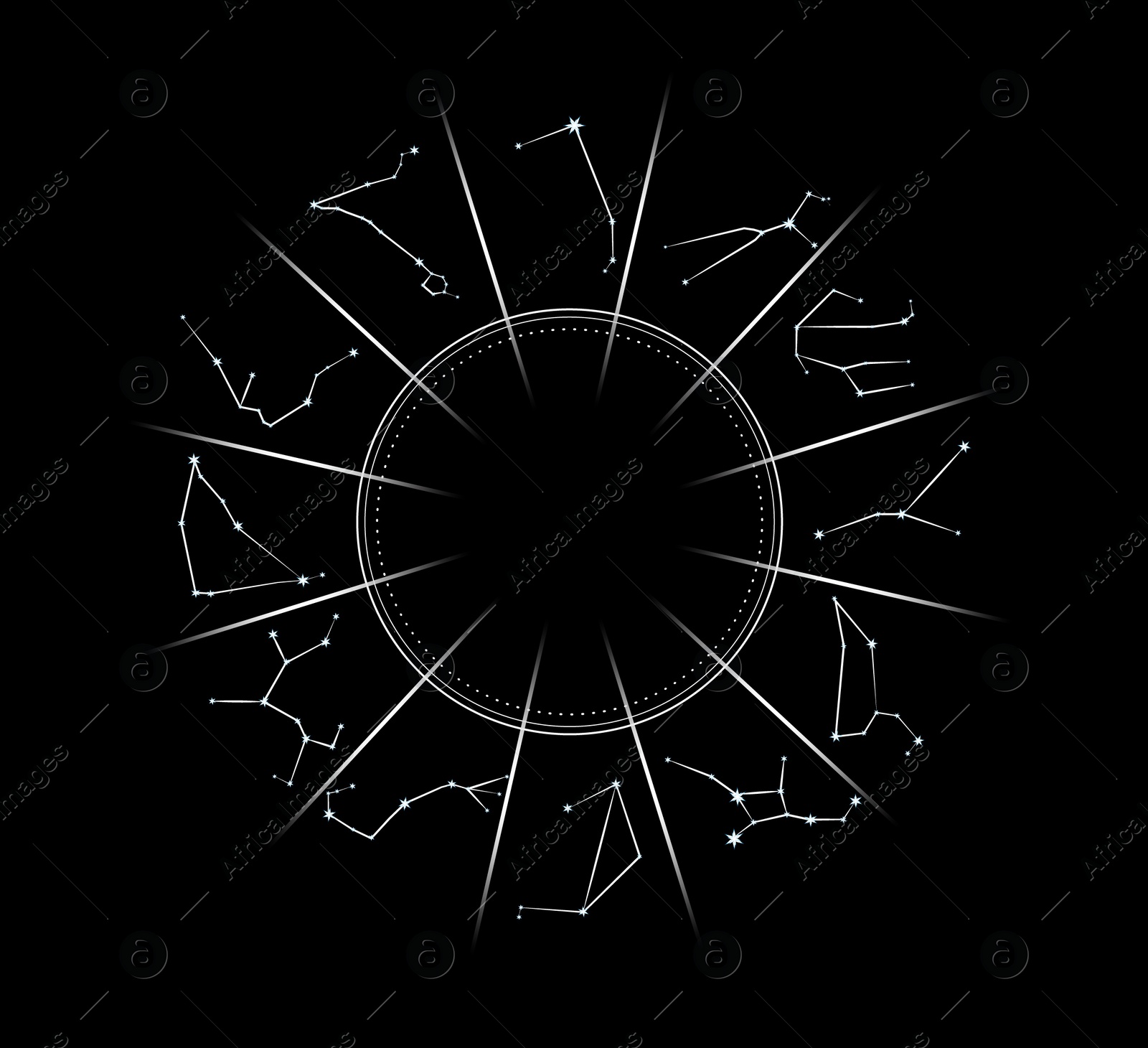 Illustration of  zodiac wheel with astrological signs on black background