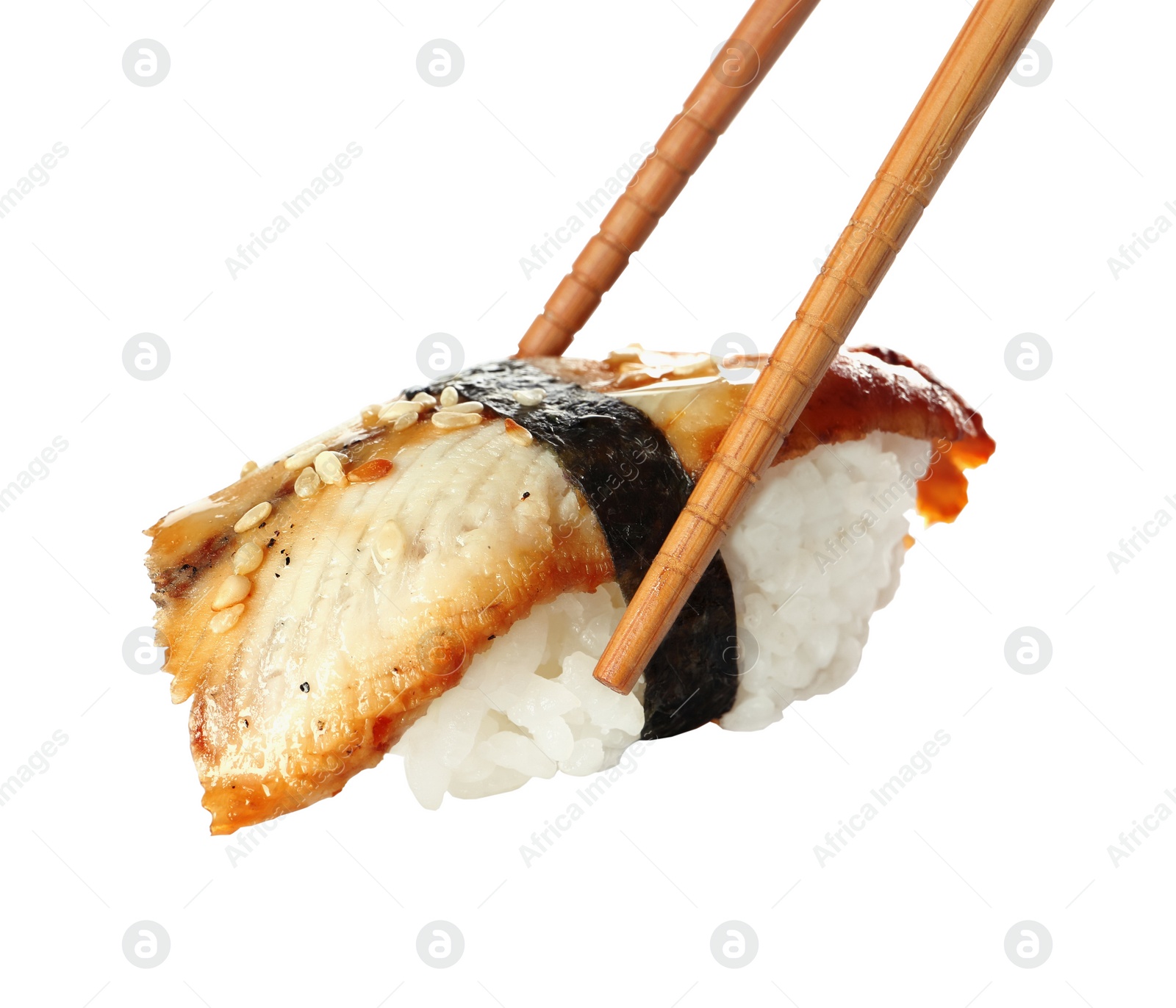 Photo of Chopsticks with delicious nigiri sushi isolated on white