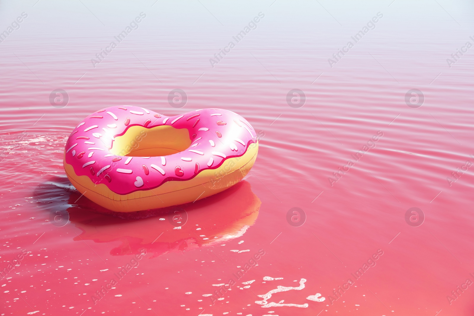 Photo of Inflatable ring floating in pink lake on sunny day