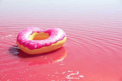 Inflatable ring floating in pink lake on sunny day