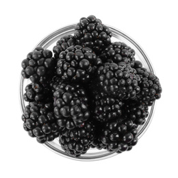 Photo of Fresh ripe blackberries in glass bowl isolated on white, top view