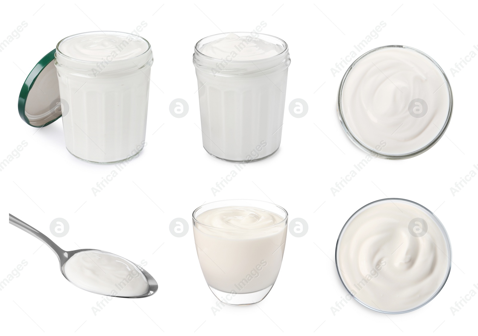 Image of Set with delicious organic yogurts on white background