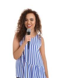 Photo of Curly African-American woman in casual clothes posing with microphone on white background