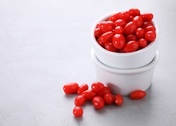 Bowls and fresh goji berries on grey background. Space for text