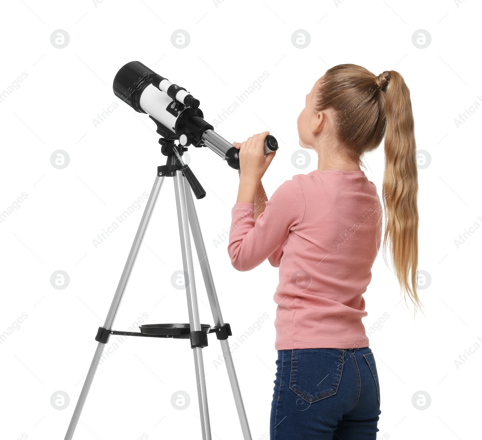 Photo of Little girl with telescope on white background
