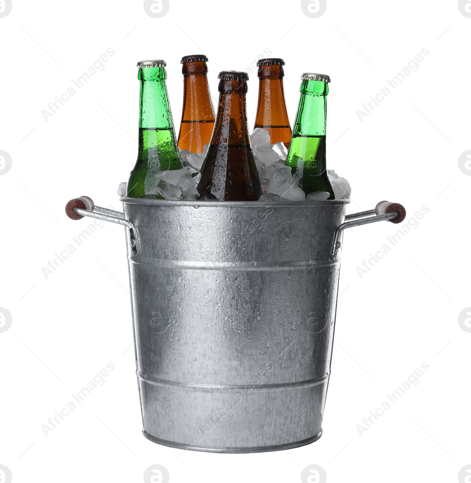 Photo of Metal bucket with bottles of beer and ice cubes isolated on white