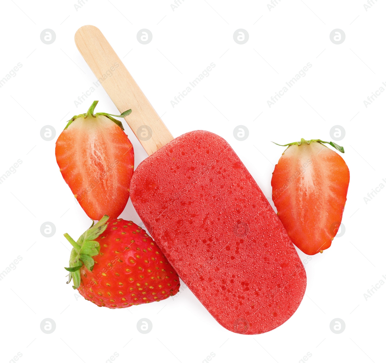 Photo of Tasty strawberry ice pop isolated on white, top view. Fruit popsicle
