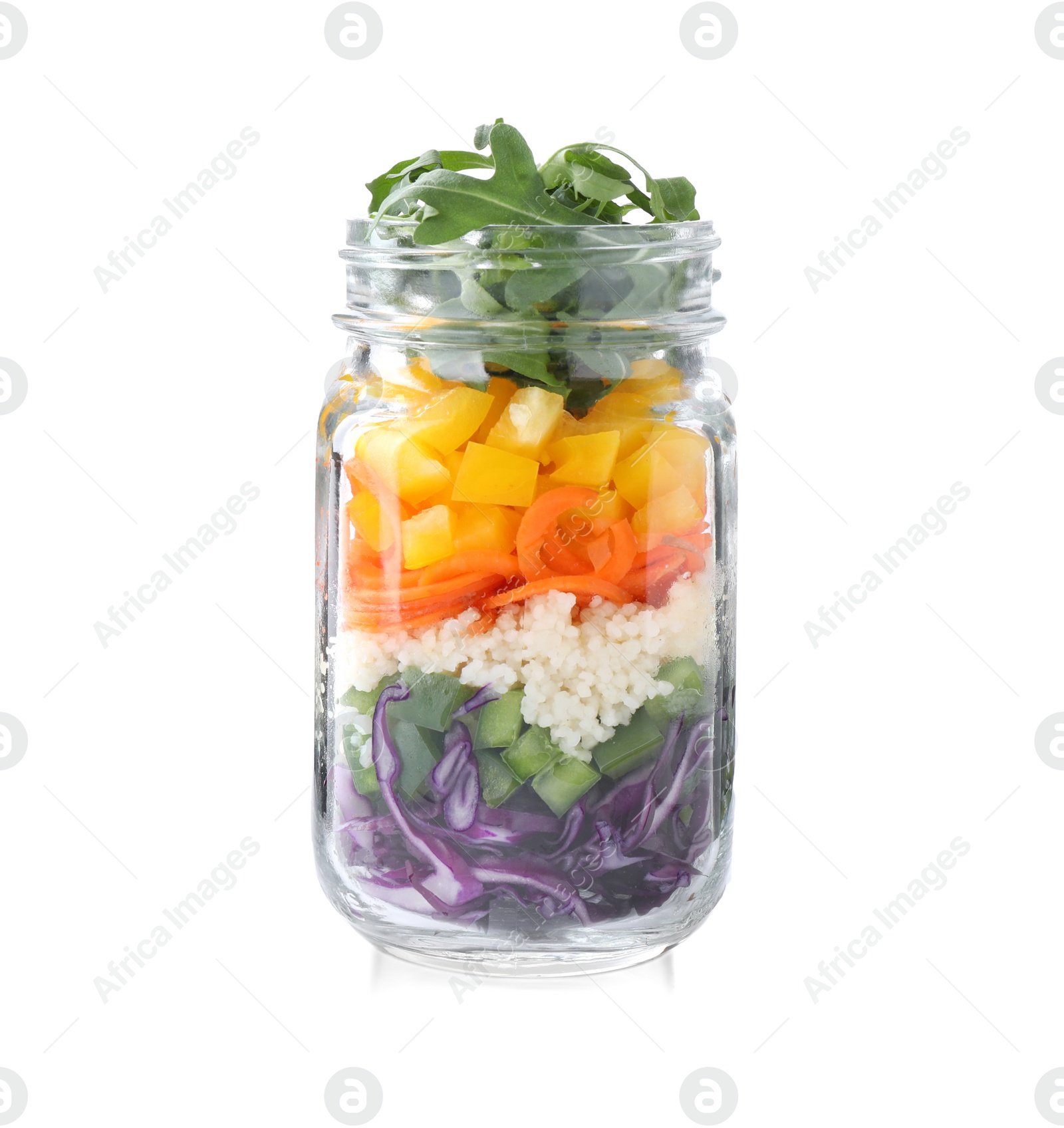 Photo of Healthy salad in glass jar isolated on white