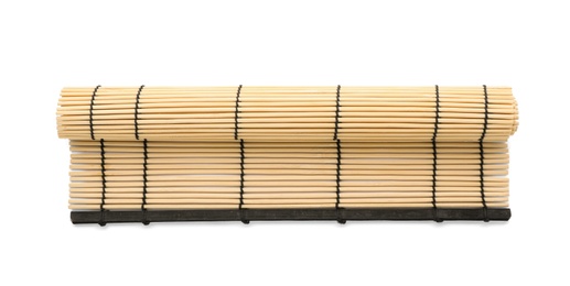 Rolled sushi mat made of bamboo on white background, top view