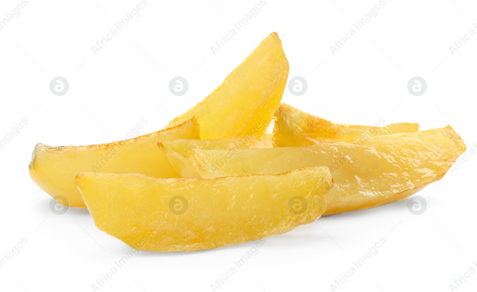 Photo of Tasty baked potato wedges on white background