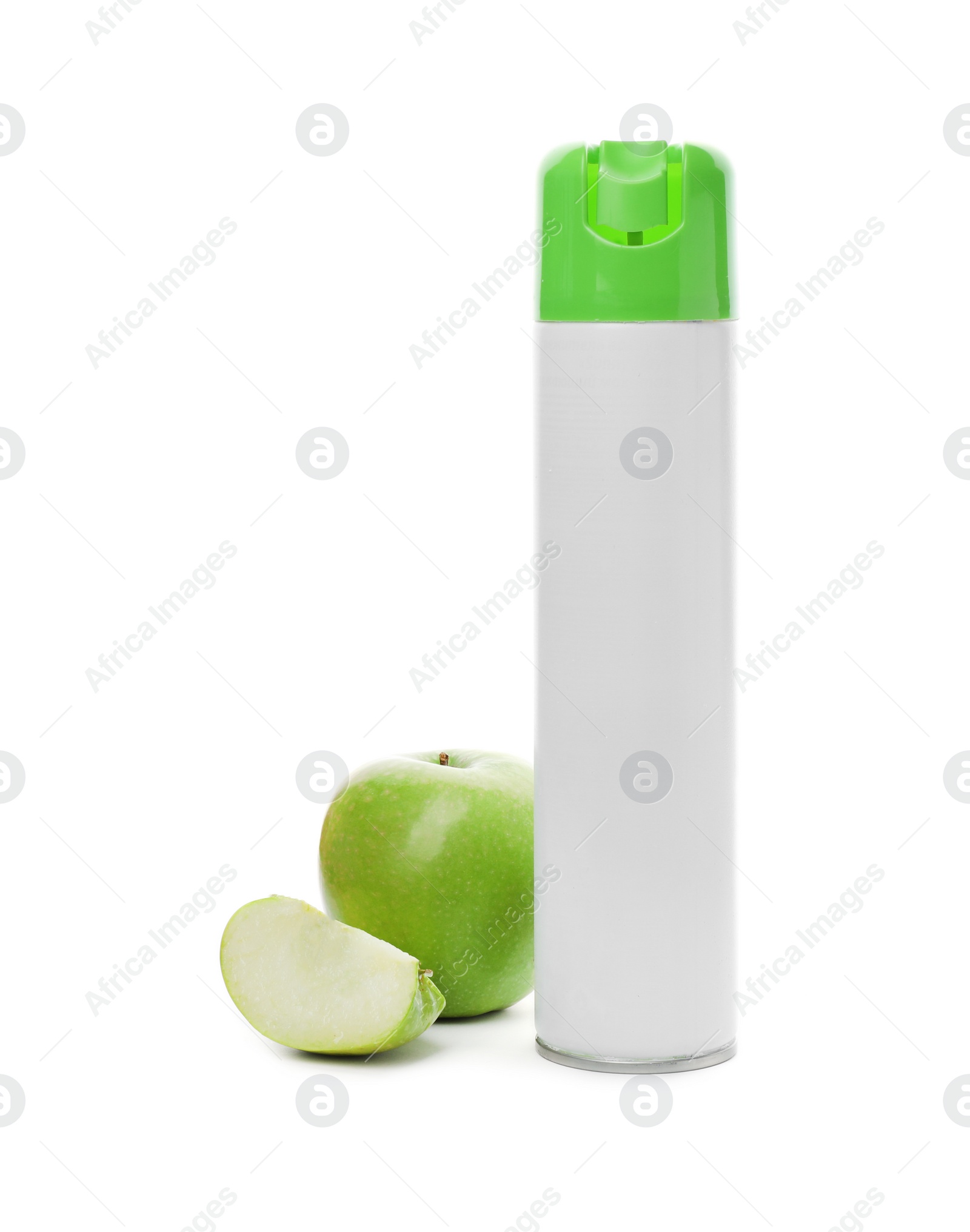 Photo of Spray air freshener and apple on white background