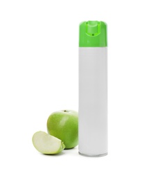 Photo of Spray air freshener and apple on white background