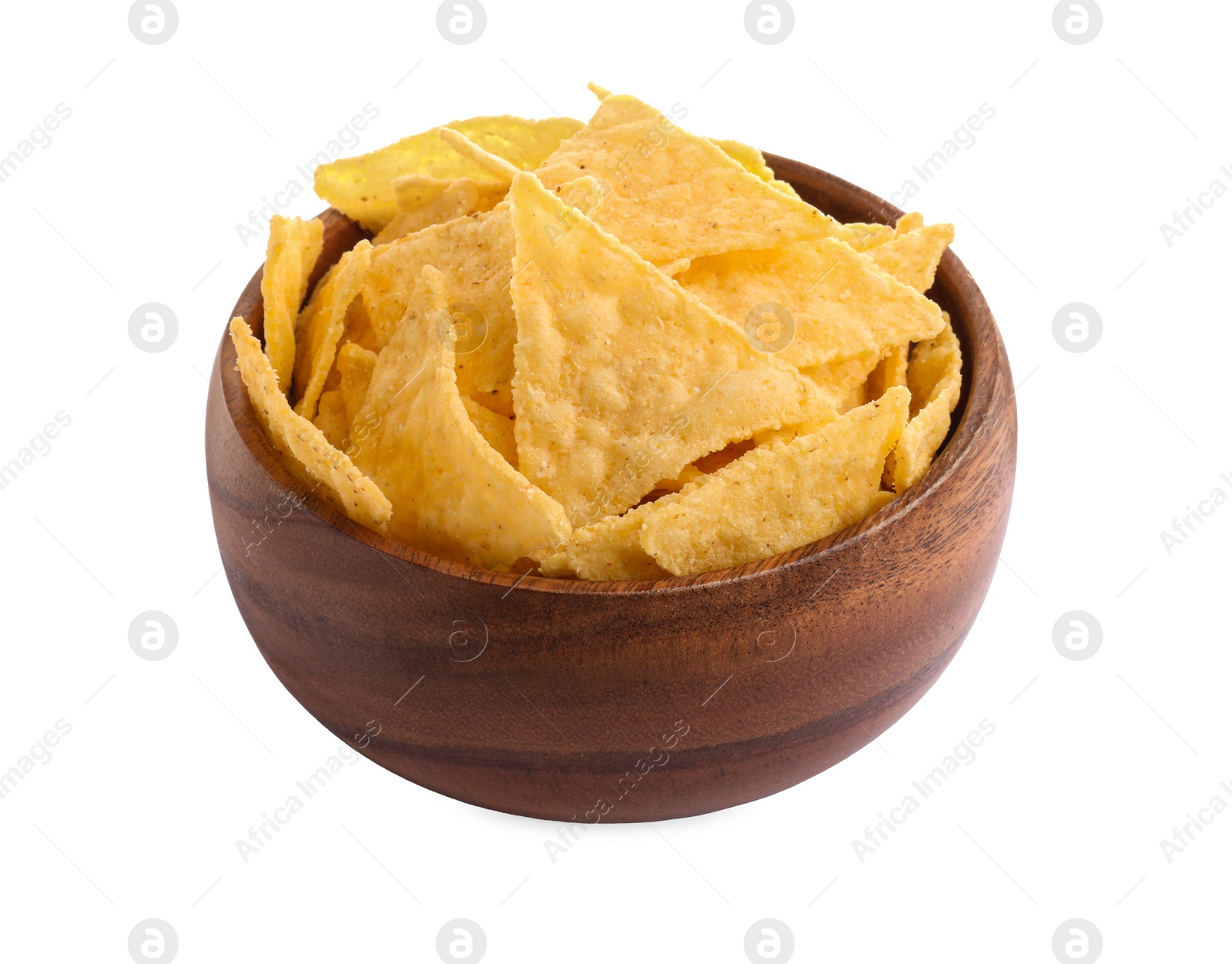 Photo of Bowl of tasty tortilla chips (nachos) on white background