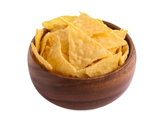 Photo of Bowl of tasty tortilla chips (nachos) on white background