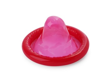 Photo of Unpacked condom isolated on white. Safe sex