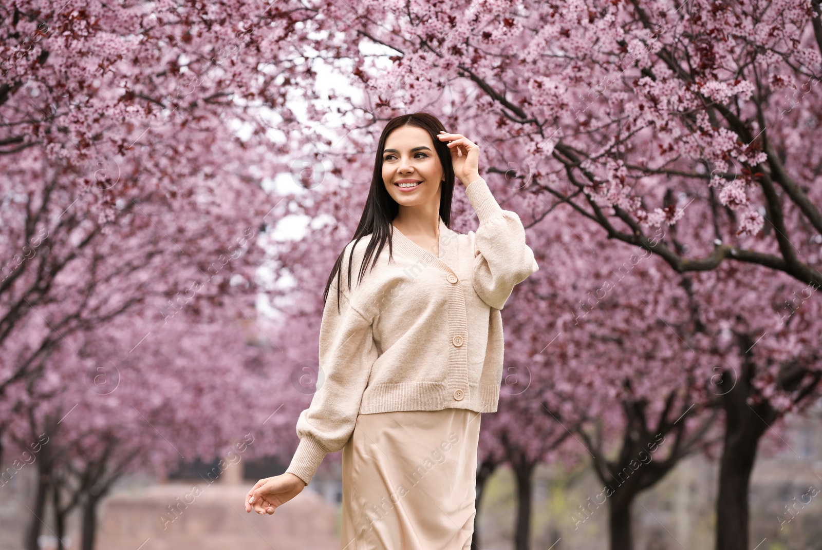 Photo of Pretty young woman in park with blooming trees. Spring look