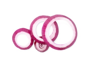 Photo of Fresh rings of red onion isolated on white, top view