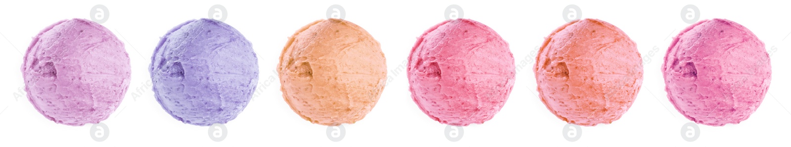 Image of Set of ice cream scoops of different colors and flavors isolated on white, top view