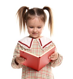 Photo of Cute little girl reading book on white background