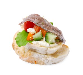 Photo of Delicious bruschettas with anchovies, cream cheese, tomatoes, bell peppers and cucumbers isolated on white