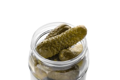 Photo of Jar of tasty pickled cucumbers isolated on white, closeup