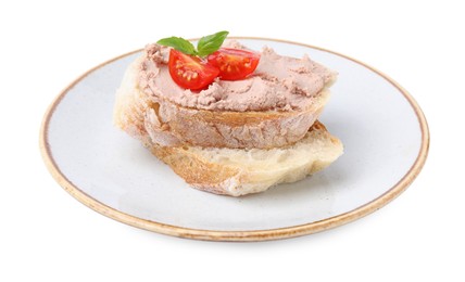 Plate with delicious liverwurst sandwich on white background