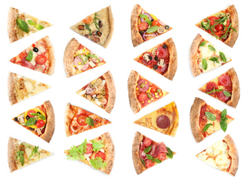 Set with slices of different pizzas on white background, top view