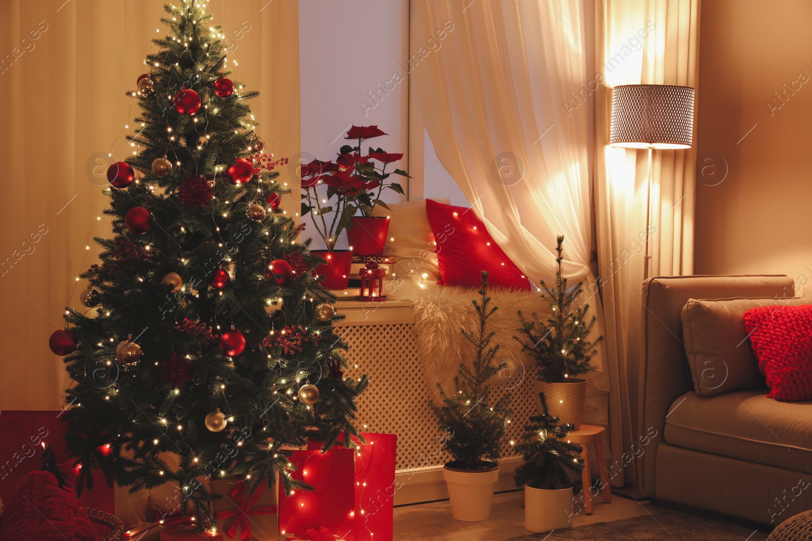 Photo of Living room with Christmas decorations. Festive interior design