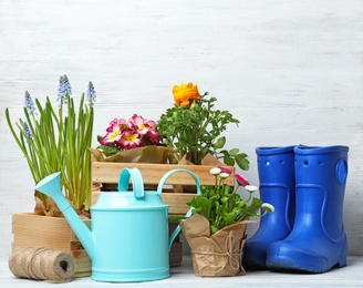 Composition with plants and gardening tools on table against wooden background