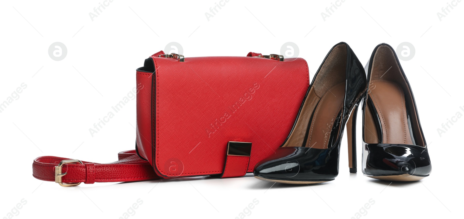 Photo of Stylish woman's bag and shoes isolated on white