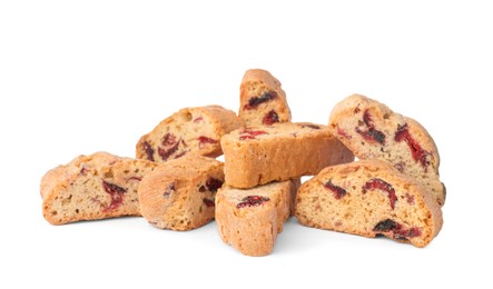 Photo of Slices of tasty cantucci with berry on white background. Traditional Italian almond biscuits