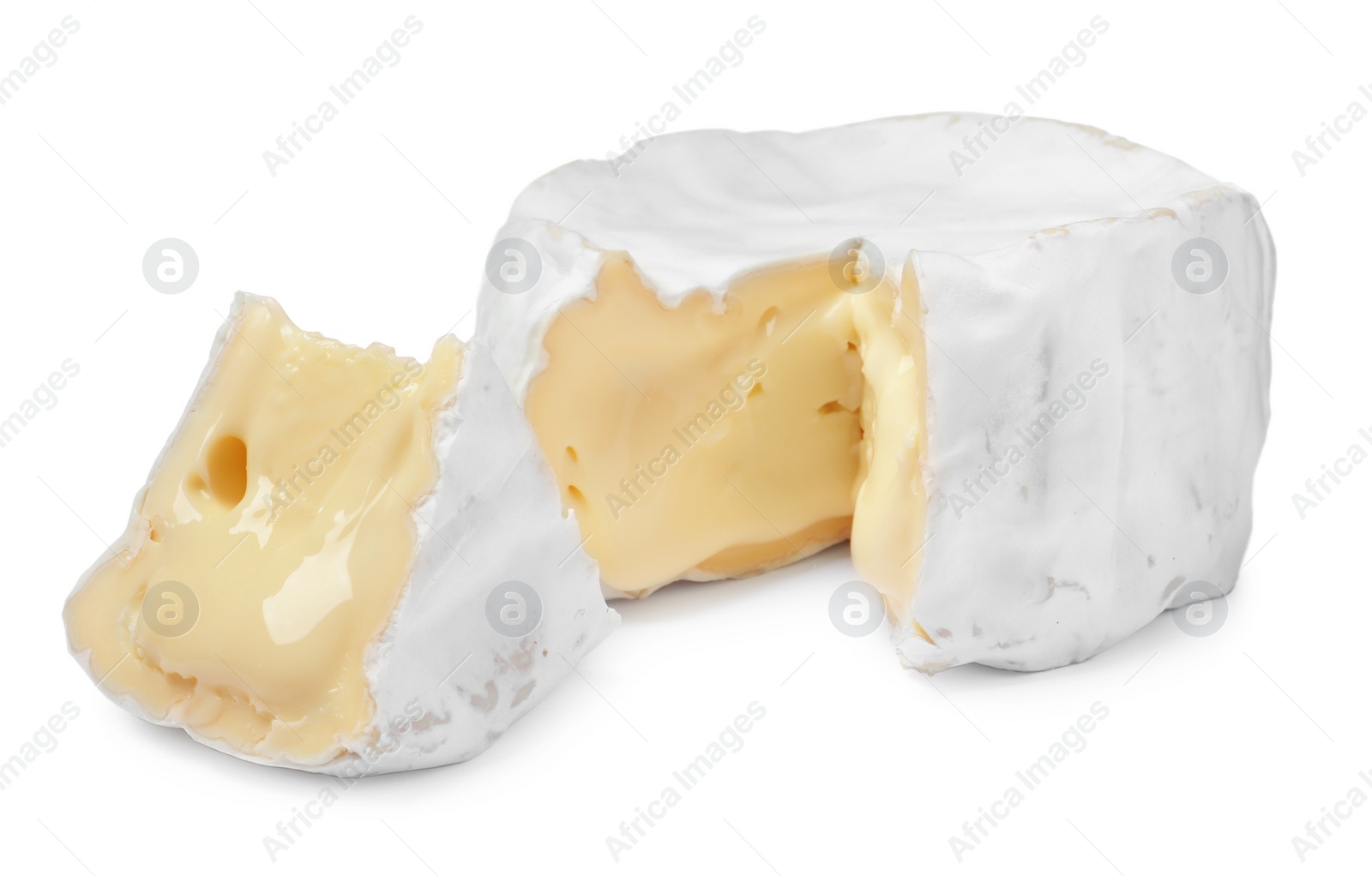 Photo of Tasty cut brie cheese on white background