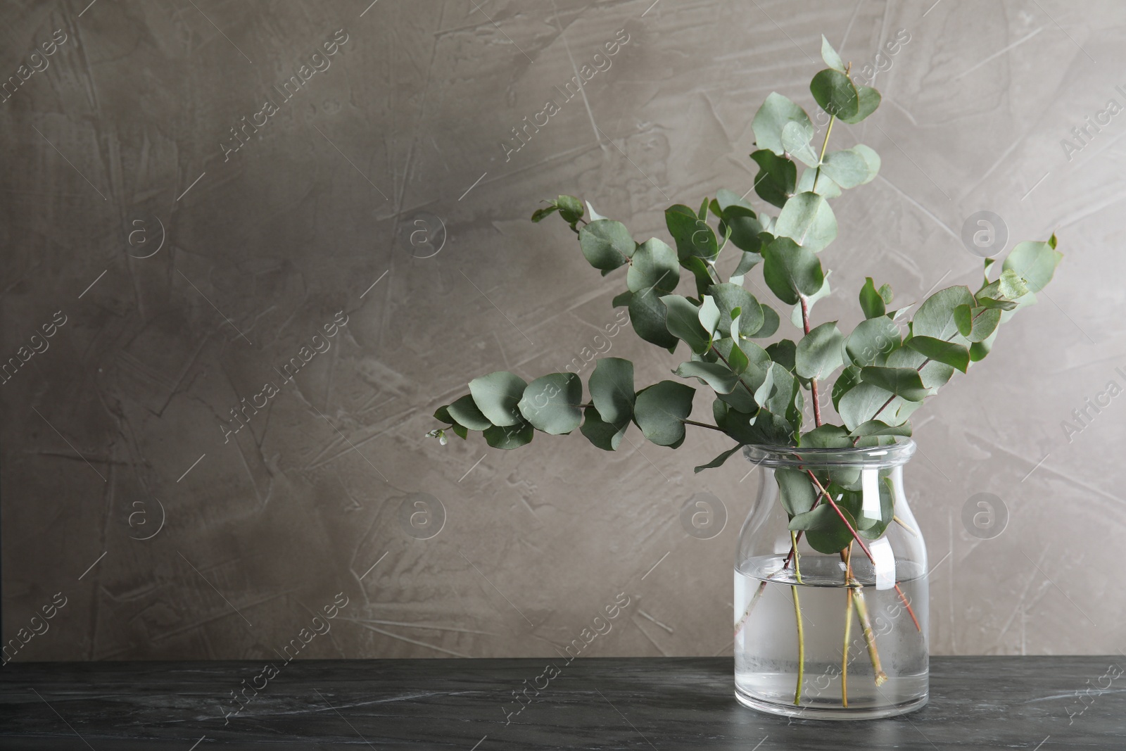 Photo of Bunch of eucalyptus branches with fresh leaves in vase on table