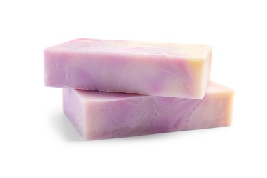 Hand made soap bars on white background