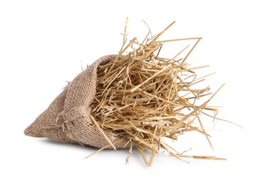 Photo of Dried straw in burlap sack isolated on white