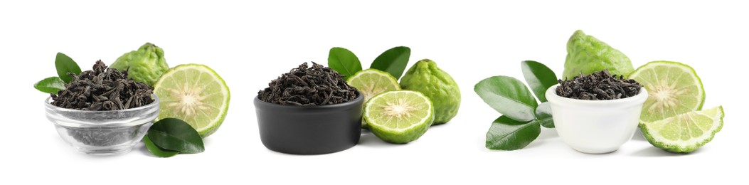 Image of Set with dry tea leaves and bergamot fruits on white background. Banner design