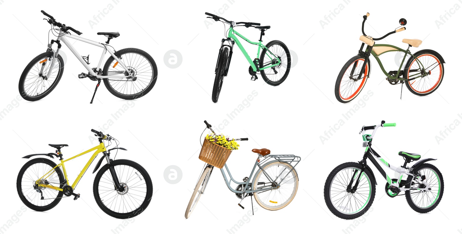 Image of Collage with different bicycles on white background. Banner design