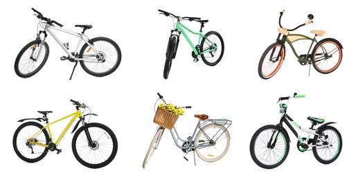 Collage with different bicycles on white background. Banner design