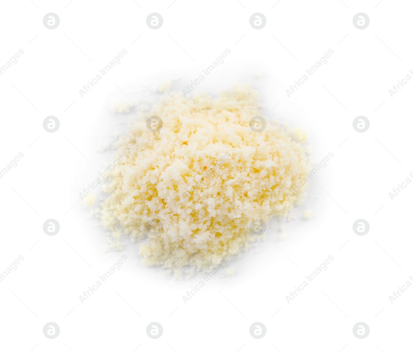 Photo of Pile of grated parmesan cheese isolated on white, top view