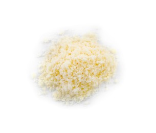 Pile of grated parmesan cheese isolated on white, top view