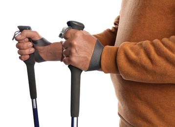 Photo of Male hiker with trekking poles on white background, closeup